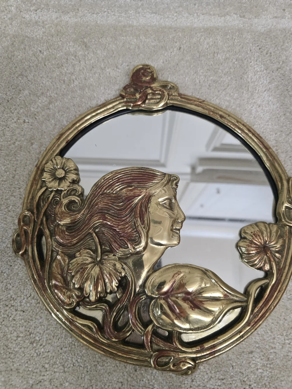 Art Nouveau Gold Decorative Round Wall Mirror with Floral Woman Motif